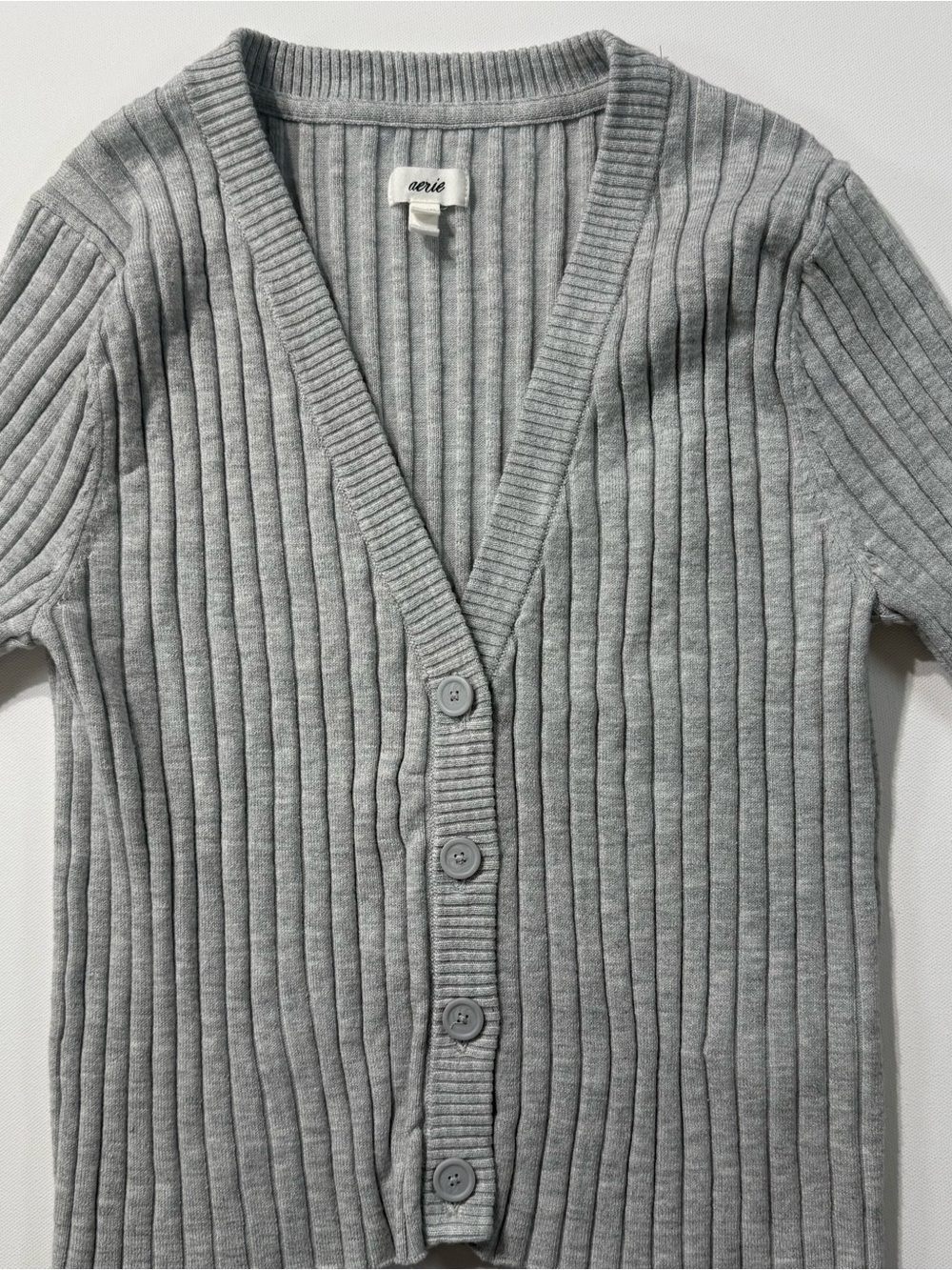 Aerie Gray Ribbed Cropped Button Front Cardigan Sweater, Size Medium